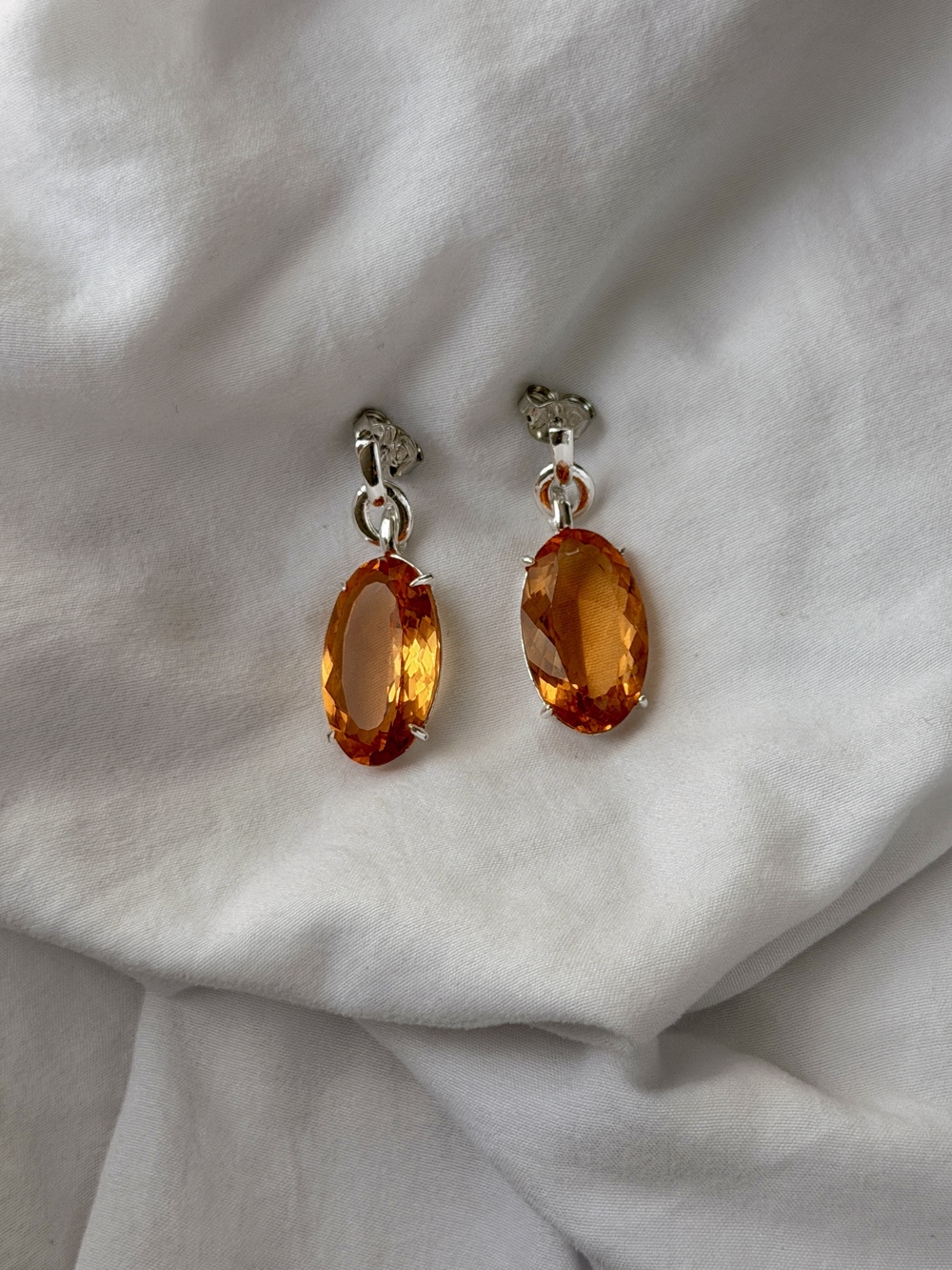 Long Oval Reconstituted Imperial Topaz Silver Plated Earrings